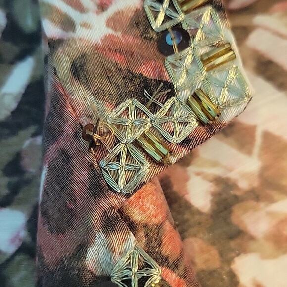 Chico's Pink Brown Sequin Beaded Trim Linen Blend Open Front Jacket Size Small S - Picture 3 of 7